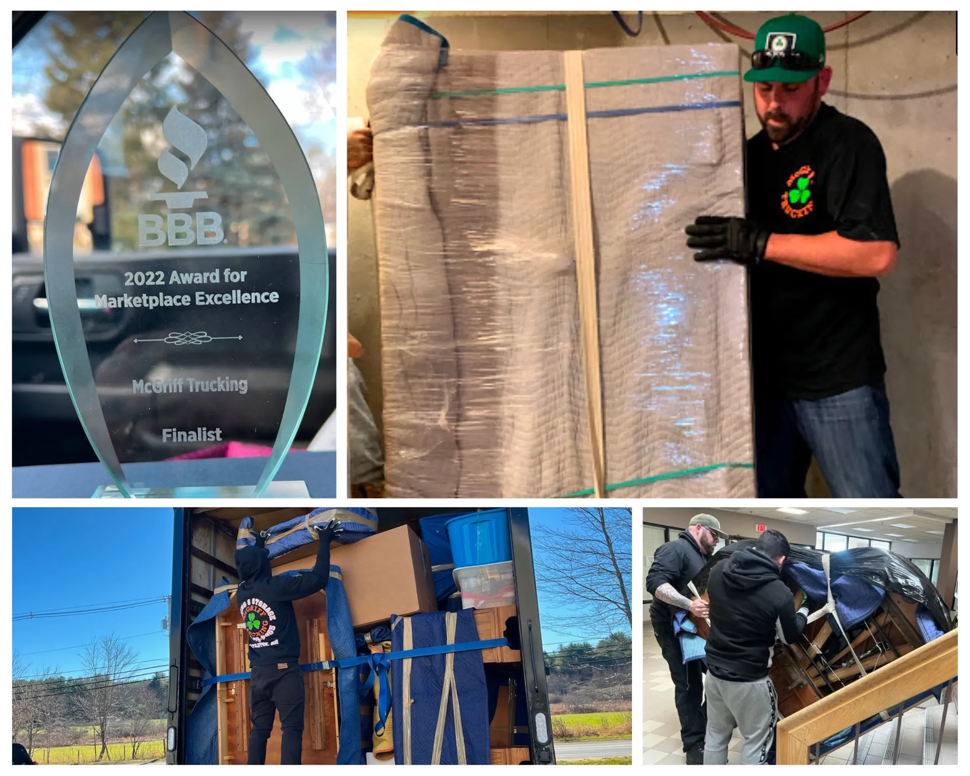 Collage of McGriff Movers team, awards, and moving jobs